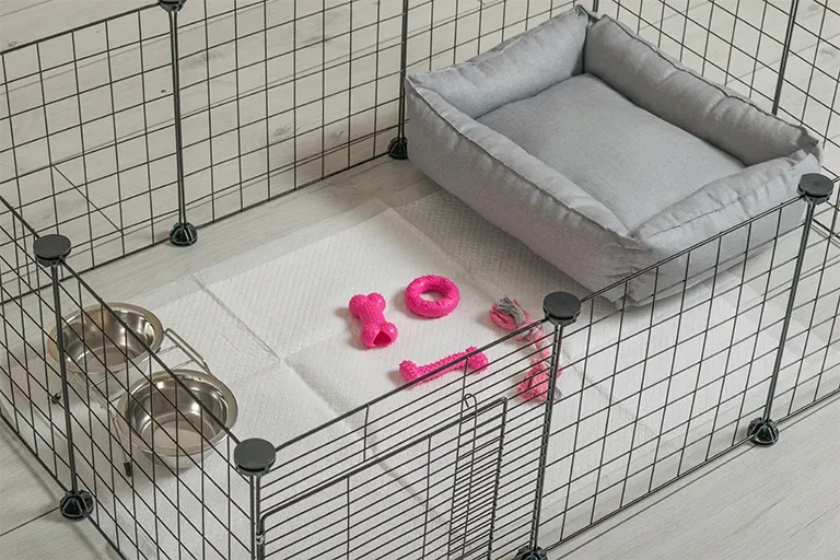 Puppy pen set up with a bed, bowls, toys and a potty pad